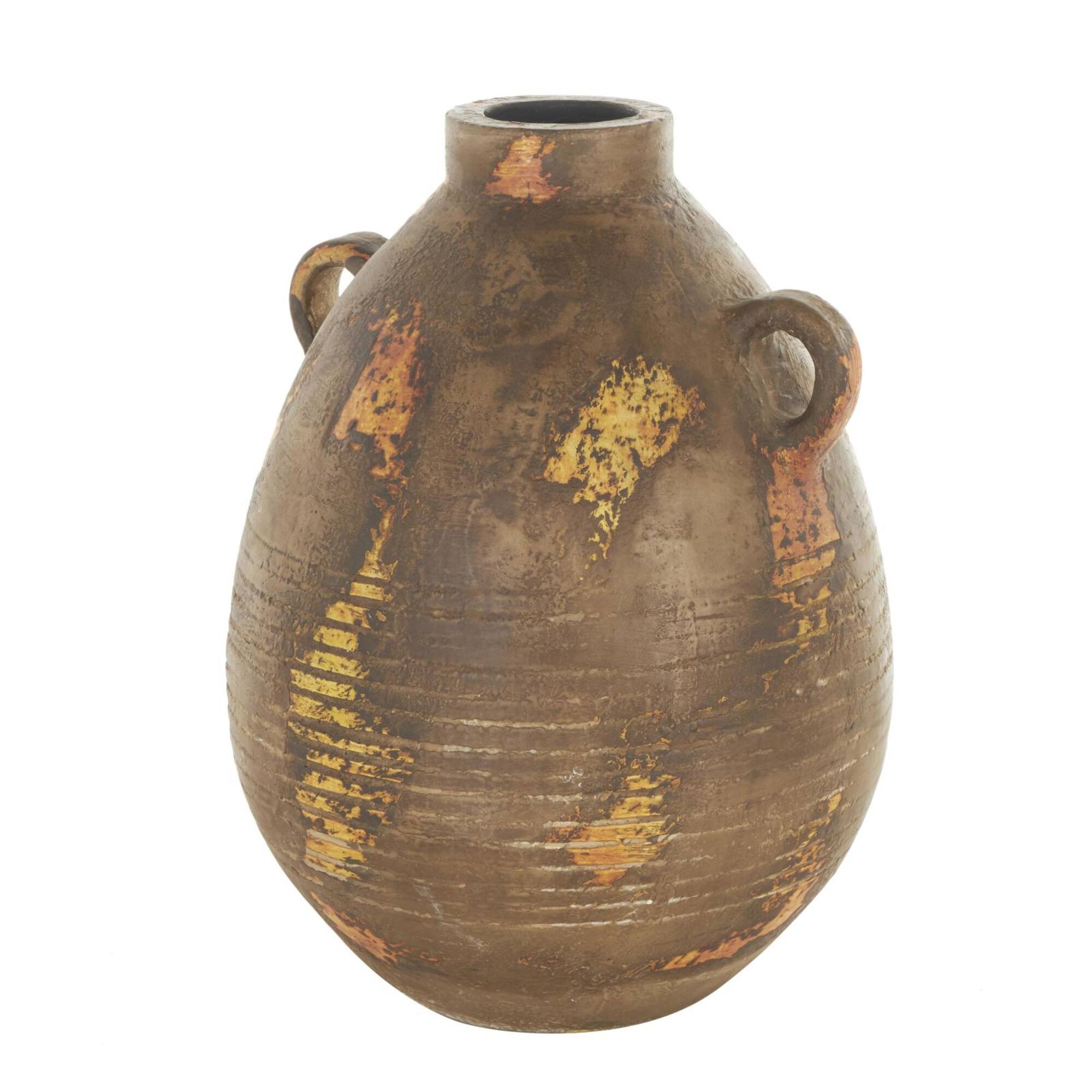 15.25" Brown Ceramic Antique Style Distressed Vase with Grooves & Handles